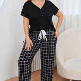 Curvy Line- V-Neck Top and Plaid Pants Lounge Set