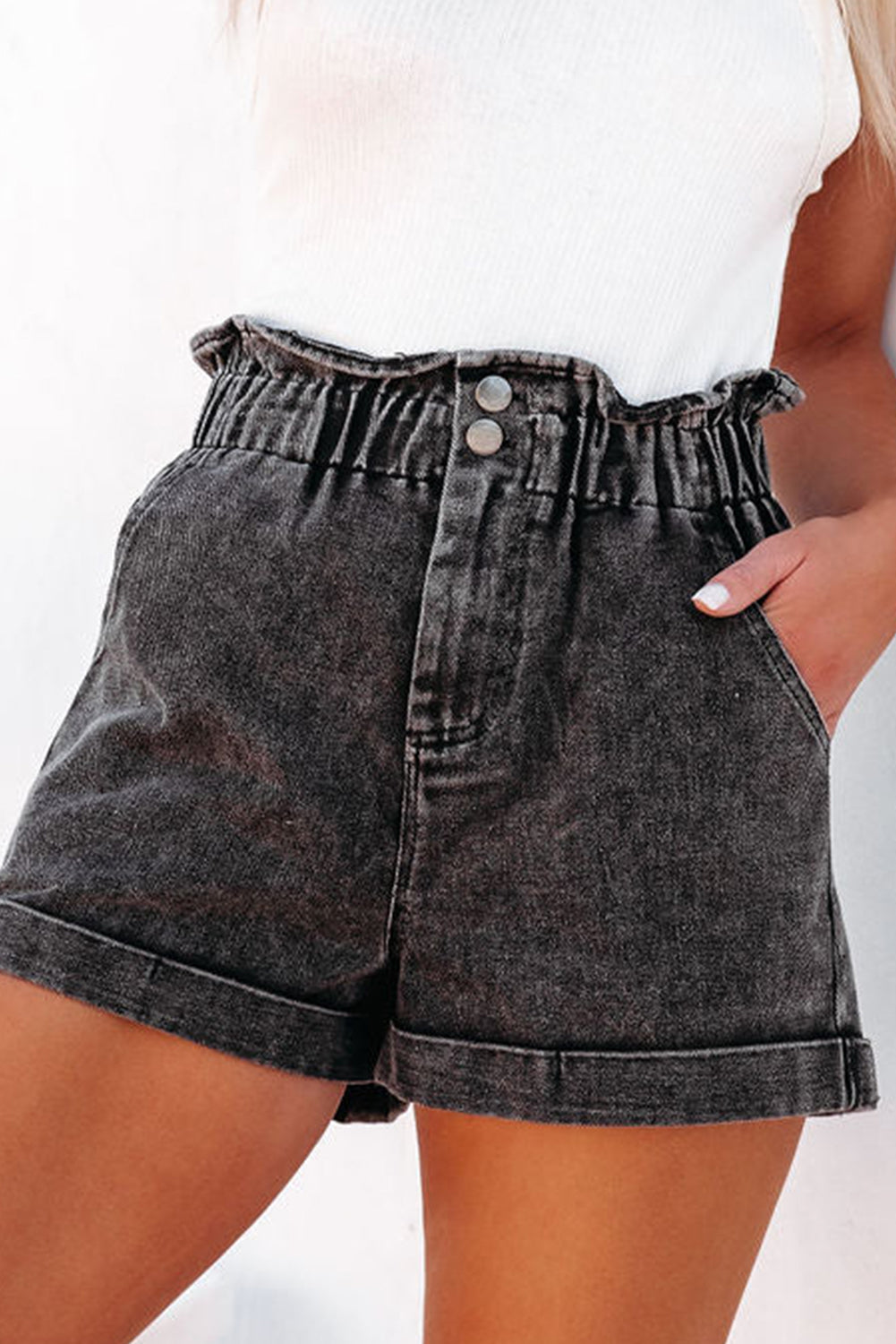 Scrunch Waist Denim Shorts with Pockets