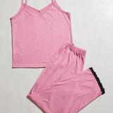 V-Neck Lace Trim Slit Cami and Pants Pajama Set