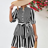 Striped Half Sleeve Tie Waist Mini Dress