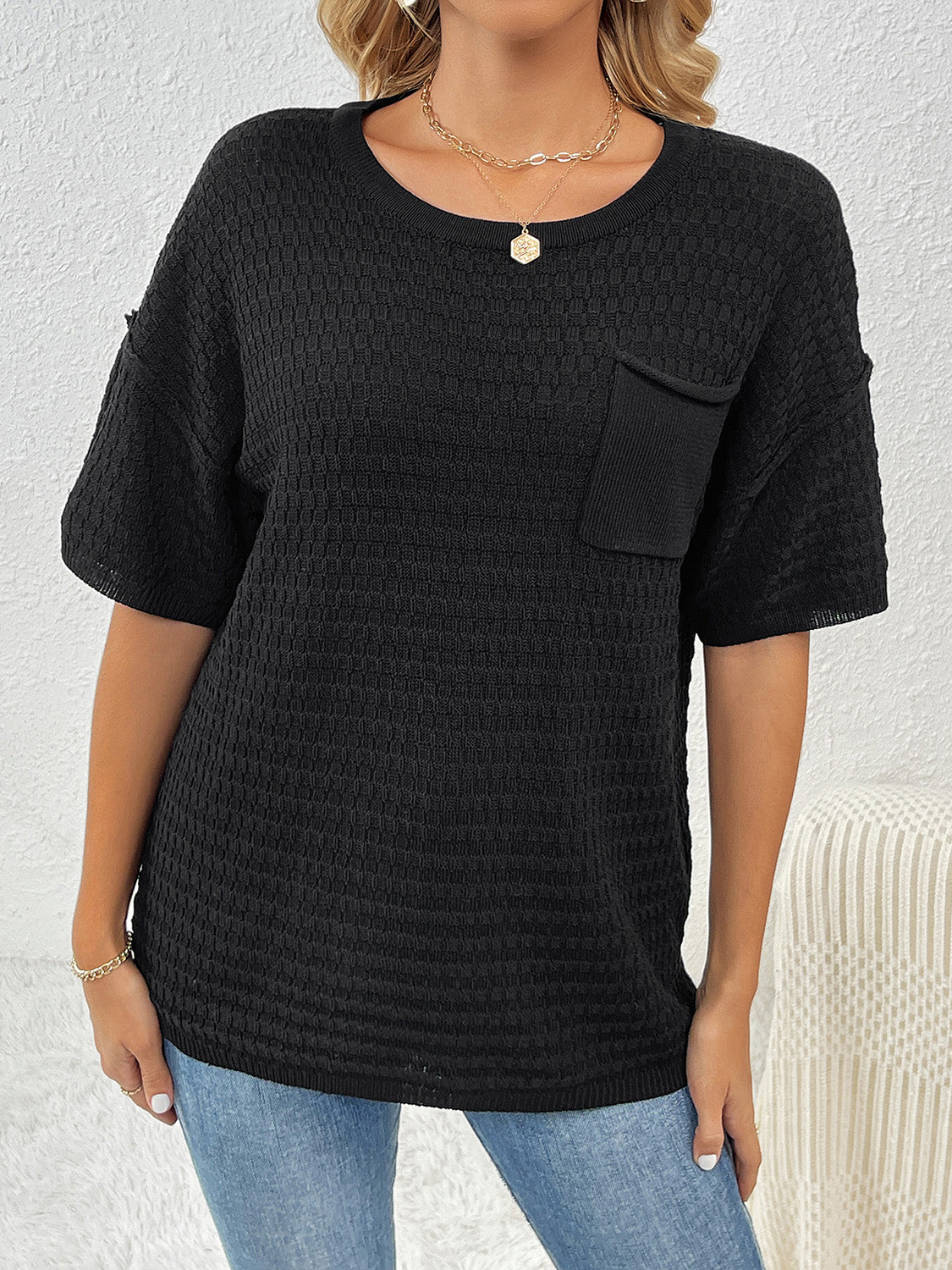 Black Short Sleeve Knit Top