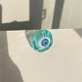 HUANZHI 2021 New Summer Korean Devil's Eye Blue Transparent Resin Round Rings  for Women Girls Party Jewelry Gifts