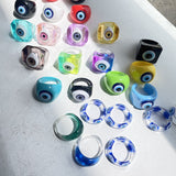 HUANZHI 2021 New Summer Korean Devil's Eye Blue Transparent Resin Round Rings  for Women Girls Party Jewelry Gifts
