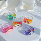HUANZHI 2021 New Alloy Drop Oil Eye Patch Resin Acrylic Gradient Colorful Geometric Square Rings for Women Girls Jewelry Gifts