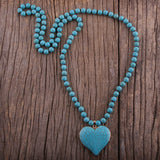 RH Fashion Bohemian Jewelry Accessory 8mm Blue Stones Knotted With Stone Heart Pendant Necklaces For Women Boho Necklace
