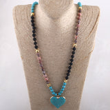 RH Fashion Bohemian Jewelry Accessory 8mm Blue Stones Knotted With Stone Heart Pendant Necklaces For Women Boho Necklace