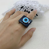 HUANZHI 2021 New Summer Korean Devil's Eye Blue Transparent Resin Round Rings  for Women Girls Party Jewelry Gifts