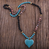 RH Fashion Bohemian Jewelry Accessory 8mm Blue Stones Knotted With Stone Heart Pendant Necklaces For Women Boho Necklace