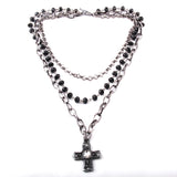 Fashion Bohemian Tribal Jewelry 3 Layer Multiple Black Glass Crystal Rosary Link & Chain Cross Pendant Necklaces