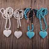 RH Fashion Bohemian Jewelry Accessory 8mm Blue Stones Knotted With Stone Heart Pendant Necklaces For Women Boho Necklace