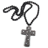 Fashion Bohemian Tribal Jewelry Lava Stone Long Knotted Paved Pearl decoration Cross Necklaces