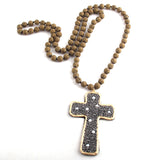 Fashion Bohemian Tribal Jewelry Lava Stone Long Knotted Paved Pearl decoration Cross Necklaces