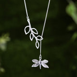 Lotus Fun Real 925 Sterling Silver Handmade Fine Jewelry Cute Dragonfly Leaves Necklace with Pendant Fashion for Women Collier