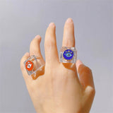 HUANZHI 2021 New Summer Korean Devil's Eye Blue Transparent Resin Round Rings  for Women Girls Party Jewelry Gifts