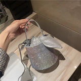 Women Full Diamond Rhinestone Bucket Handbag Shoulder Crossbody Bag Ladies Shiny Crystal Clutch Purse For Party Evening Bag