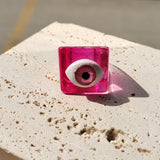 HUANZHI 2021 New Alloy Drop Oil Eye Patch Resin Acrylic Gradient Colorful Geometric Square Rings for Women Girls Jewelry Gifts