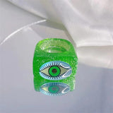 HUANZHI 2021 New Alloy Drop Oil Eye Patch Resin Acrylic Gradient Colorful Geometric Square Rings for Women Girls Jewelry Gifts