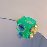 HUANZHI 2021 New Alloy Drop Oil Eye Patch Resin Acrylic Gradient Colorful Geometric Square Rings for Women Girls Jewelry Gifts