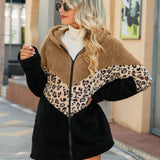 Leopard Color Block Hooded Teddy Jacket