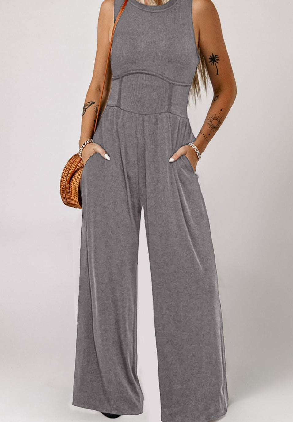 Round Neck Sleeveless Jumpsuit with Pockets