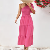 Smocked One-Shoulder Midi Dress