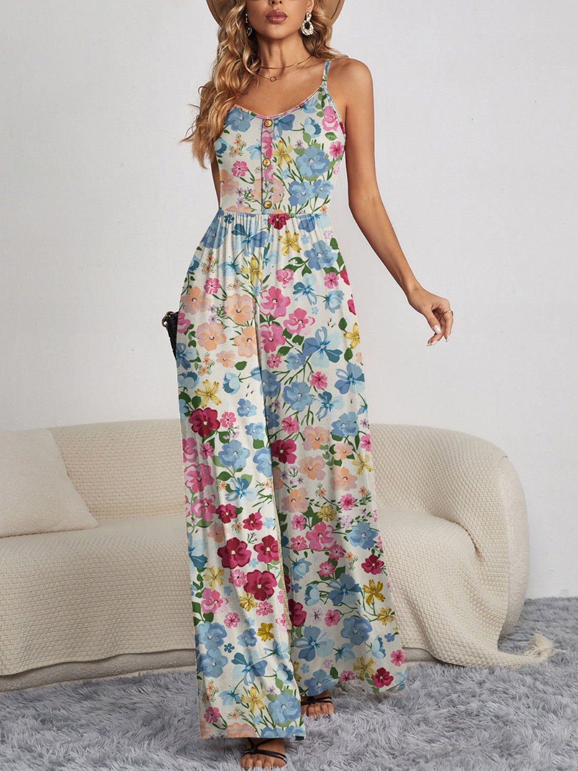 Floral Spaghetti Strap Wide Leg Jumpsuit
