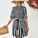 Striped Half Sleeve Tie Waist Mini Dress