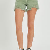 RISEN Mid Waist Frayed Hem Denim Shorts in green