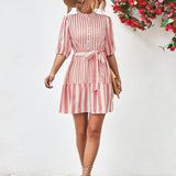 Striped Half Sleeve Tie Waist Mini Dress