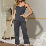 V-Neck Lace Trim Slit Cami and Pants Pajama Set