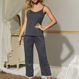 V-Neck Lace Trim Slit Cami and Pants Pajama Set