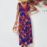 Multicolored V-Neck Backless Midi Dress