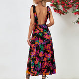 Multicolored V-Neck Backless Midi Dress