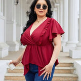 Curvy Line- Frill Surplice Flutter Sleeve Blouse