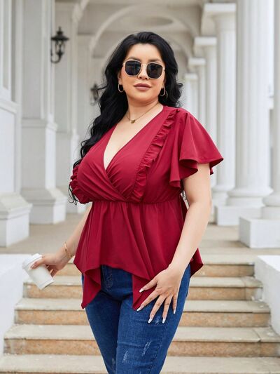 Curvy Line- Frill Surplice Flutter Sleeve Blouse