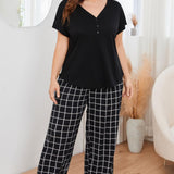 Curvy Line- V-Neck Top and Plaid Pants Lounge Set