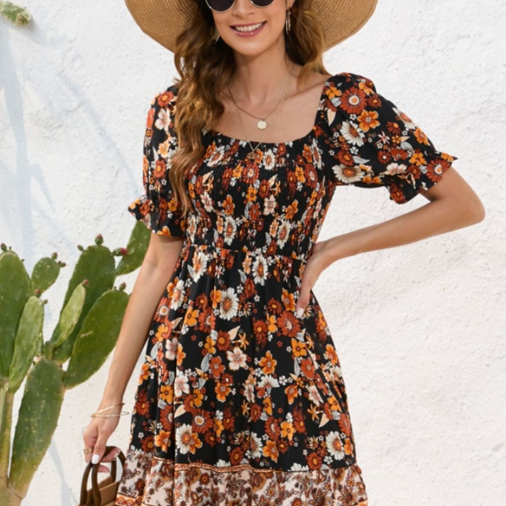 Floral Print Square Neck Short Sleeve Dress