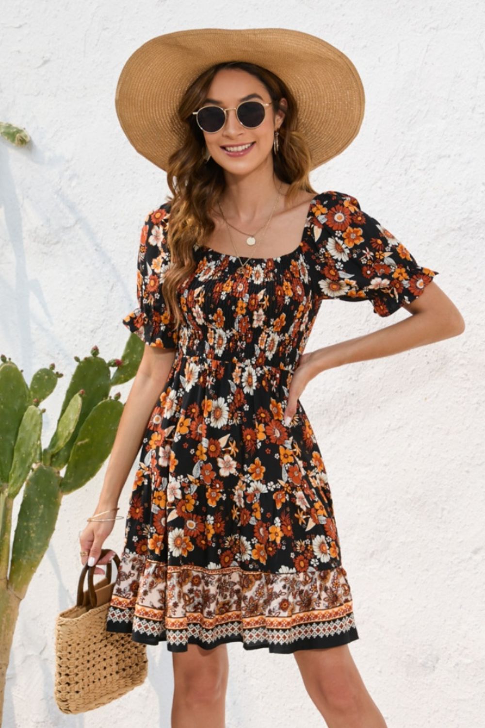 Floral Print Square Neck Short Sleeve Dress