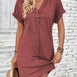 Quarter Button V-Neck Short Sleeve Dress