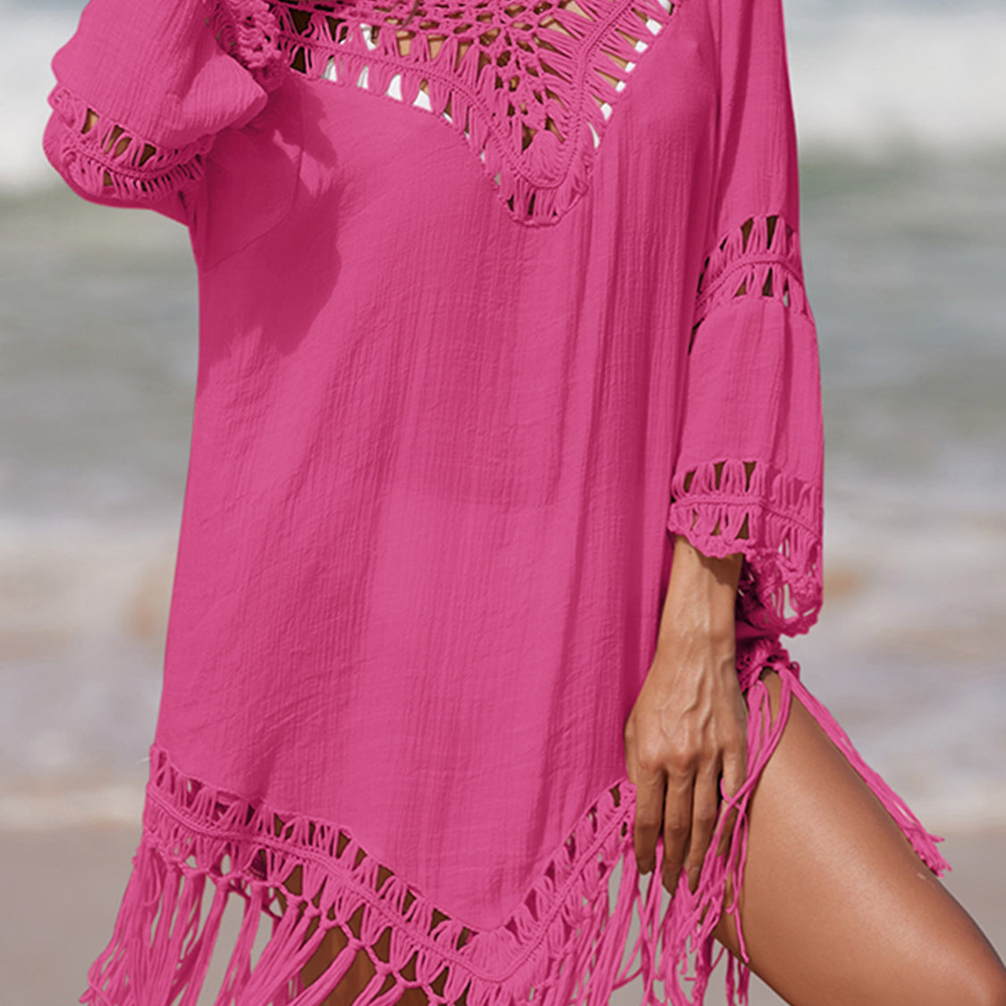 Pink Cutout Fringe Scoop Neck Cover-Up