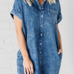 Raw Hem Pocketed Cap Sleeve Denim Dress