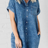 Raw Hem Pocketed Cap Sleeve Denim Dress