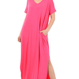 Viscose Fabric V-Neck Short Sleeve Maxi Dress