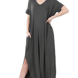 Viscose Fabric V-Neck Short Sleeve Maxi Dress