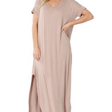 Viscose Fabric V-Neck Short Sleeve Maxi Dress