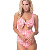 TEEXTURED PLAID CUTOUT ONE PIECE SWIMSUIT