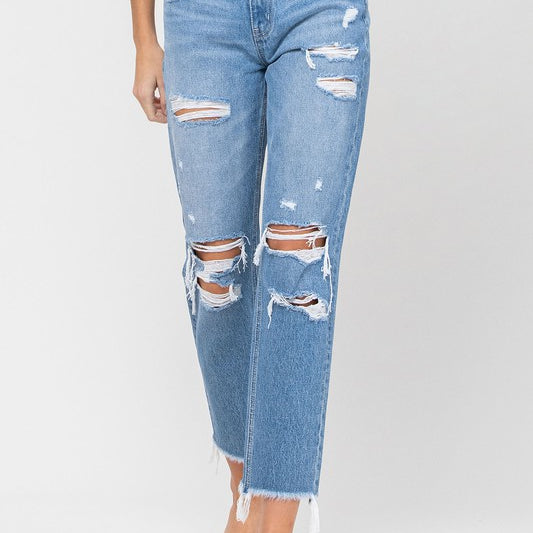 Distressed Raw Hem Mom Jeans