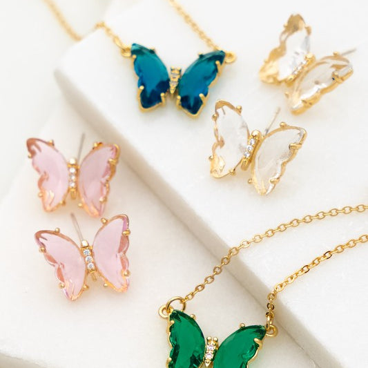 GEM STONE BUTTERFLY PENDANT NECKLACE