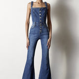 Front Buttons Flare Denim Overalls