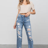 High Waist Ripped Raw Hem Girlfriend Jeans